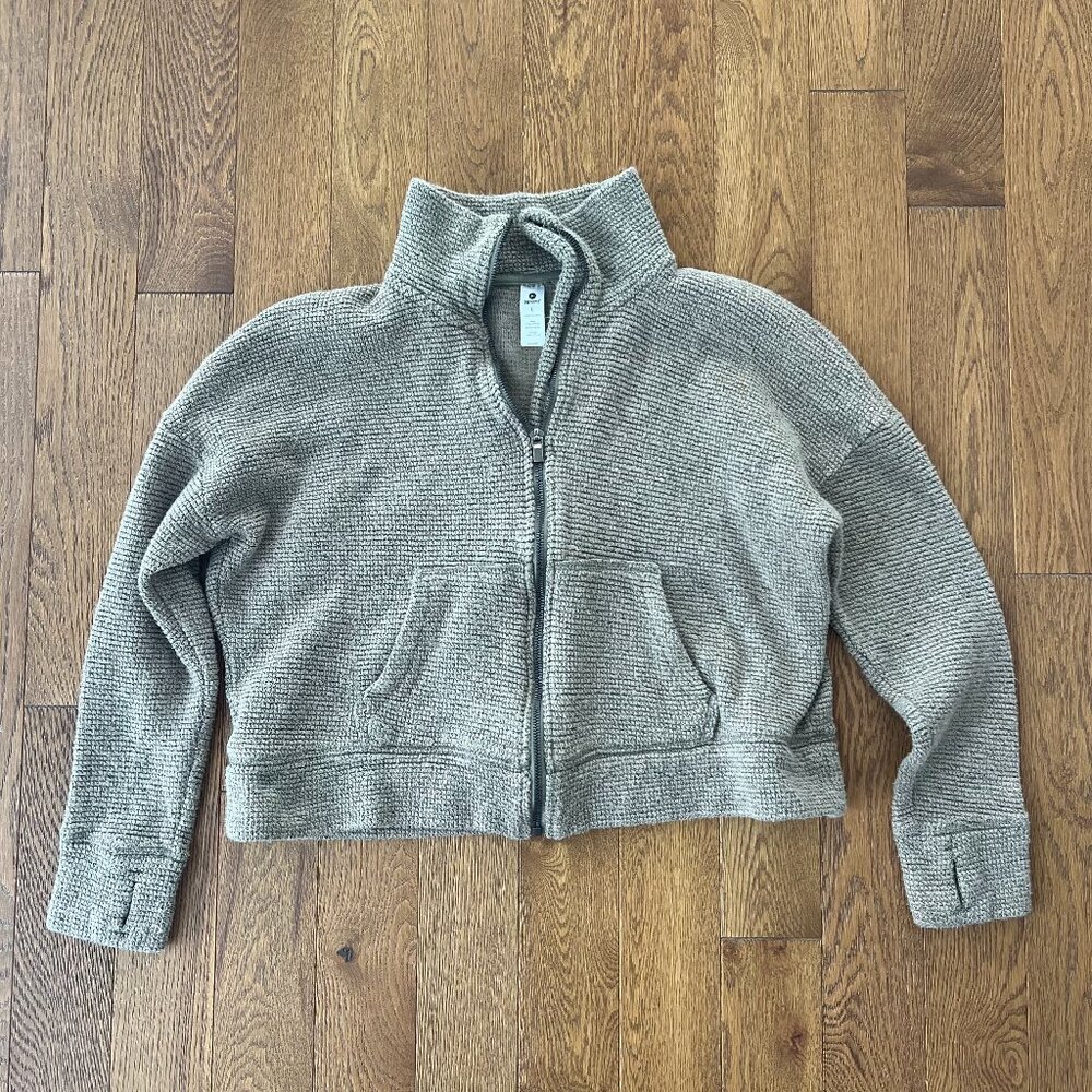 90 Degree by‎ Reflex Zip Up Jacket L | Textured Knit Green Beige Thumb Holes